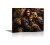 QUSAAOU Decoration Murale Christ embrasse jeune fille parmi lions Jésus Tableau Decoration, Impression sur Christianisme Moderne pour Salon Chambre Bureau Salle(Marron Moka)-30x45cm Encadrée