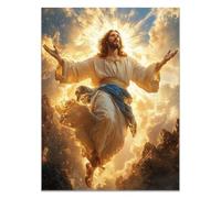QUSAAOU Décoration murale Christ entouré créatures vivantes Histoire chrétienne Bible chrétienne-Œuvre d'art pour salon,chambre à coucher,église,salle de prière(or soleil)-60x90cm Sans cadre