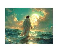 QUSAAOU Decoration Murale Christ marche océan sous lune brillante Jésus Tableau Decoration, Impression sur Christianisme Moderne pour Salon Chambre Bureau Salle(Bleu Menthe)-80x120cm Sans cadre