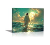 QUSAAOU Decoration Murale Christ marche océan sous lune brillante Jésus Tableau Decoration, Impression sur Christianisme Moderne pour Salon Chambre Bureau Salle(Bleu Menthe)-50x70cm Encadrée