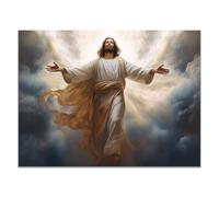 QUSAAOU Decoration Murale Christ s’élève bras tendus parmi nuages Jésus Tableau Decoration, Impression sur Christianisme Moderne pour Salon Chambre Bureau Salle(Beige)-70x100cm Sans cadre