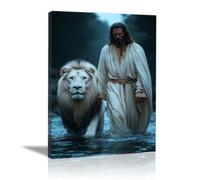 QUSAAOU Decoration Murale Christ traversant sa Passion Jésus Tableau Decoration,Impression sur Christianisme Moderne pour Salon Chambre Bureau Salle(bleu)-30x45cm Encadrée