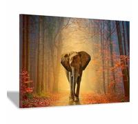 QUSAAOU DéCoration Murale EsthéTique Éléphant dans forêt automne feuilles Murales ColoréEs Sur ThèMe Des Animaux Pour Maison Bureau DéCoration Style Naturel Pour Salon(Marron)-70x100cm1 Encadrée