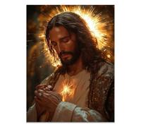 QUSAAOU Decoration Murale Jésus dans cadre animalier Jésus Tableau Decoration,Impression sur Christianisme Moderne pour Salon Chambre Bureau Salle(doré)-20x30cm Sans cadre