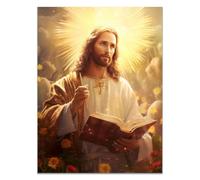 QUSAAOU Decoration Murale Jésus tient Bible et fleurs Jésus Tableau Decoration,Impression sur Christianisme Moderne pour Salon Chambre Bureau Salle(jaune)-30x45cm Sans cadre
