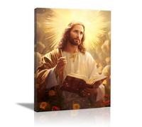 QUSAAOU Decoration Murale Jésus tient Bible et fleurs Jésus Tableau Decoration,Impression sur Christianisme Moderne pour Salon Chambre Bureau Salle(jaune)-30x45cm Encadrée