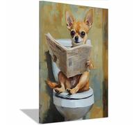 QUSAAOU DéCoration Murale Minimaliste Chihuahua lisant journal sur toilette drôle Pour Toutes Les PièCes Convient à Une Utilisation IntéRieure Et ExtéRieure(Beige)-30x45cm1 Encadrée