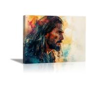 QUSAAOU Decoration Murale Portrait profil Christ lavis vif Jésus Tableau Decoration, Impression sur Christianisme Moderne pour Salon Chambre Bureau Salle(Orange)-20x30cm Encadrée
