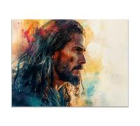 QUSAAOU Decoration Murale Portrait profil Christ lavis vif Jésus Tableau Decoration, Impression sur Christianisme Moderne pour Salon Chambre Bureau Salle(Orange)-60x90cm Sans cadre