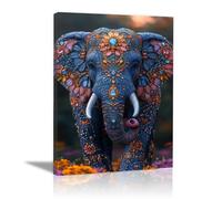QUSAAOU DéCoration Murale Pour La Maison Éléphant bleu perlé orné pierres précieuses fleurs DéCoration IntéRieure Rustique Moderne Affiches AnimalièRes Toile Salon Couloir Bureau -30x45cm1 Encadrée