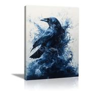 QUSAAOU DéCoration Murale Pour Salle De Bain Corbeau avec éclaboussures d’encre bleue fond clair Impressions Sur Toile Pour La DéCoration Du Salon De La Chambre Studio Et Du Couloir-70x100cmSans cadre