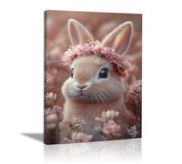 QUSAAOU DéCoration Murale Pour Salon Petit lapin couronne florale vaste champ rose fleuri DéCoration Murale AnimalièRe Amusante Affiches Peinture Sur Toile DéCoration Pour La Maison -40x60cm1 Encadrée