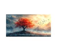 QUSAAOU Impression Sur Toile Peinture Arbre de Vie rouge impression brume montagne oiseaux volants Tableau Decoration Murale Chambre Salon Maison Deco Cuisine - Abstrait - Coloré -50x100cmSans cadre