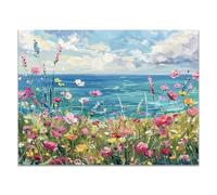 QUSAAOU Impression Sur Toile Peinture Champ fleurs sauvages rivage marin tableau Tableau Decoration Murale Chambre Salon Maison Deco Cuisine - Abstrait - Coloré(Bleu)-60x90cm1 Sans cadre