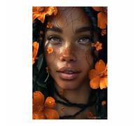 QUSAAOU Impressions Sur Deco Gros plan visage fleurs orange taches de rousseur Tableau Murale Decoration Salon Peinture Tableaux Chambre Toiles Maison Portrait - Femme - Moderne -80x120cmSans cadre