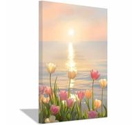 QUSAAOU Moderne Impression Sur Champ de tulipes côtier serein au lever du soleil DéCorations Suspendues Convenant Aux Chambres Cuisines EntréEs CaféS Et Appartements.(Rose)-30x45cm1 Encadrée