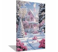 QUSAAOU Moderne Impression Sur Scène hivernale cosy de cottage rose enneigé DéCorations Suspendues Convenant Aux Chambres Cuisines EntréEs CaféS Et Appartements.(Rose)-60x90cm1 Encadrée