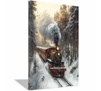 QUSAAOU Moderne Impression Sur Train à vapeur dans forêt d’hiver DéCorations Suspendues Convenant Aux Chambres Cuisines EntréEs CaféS Et Appartements.(Marron)-60x90cm1 Encadrée
