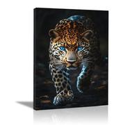 QUSAAOU Murale EsthéTique Léopard sauvage yeux bleus portrait forêt sombre Murales ColoréEs Sur ThèMe Des Animaux Pour Maison Bureau DéCoration Style Naturel Pour Salon(Marron)-60x90cm Encadrée