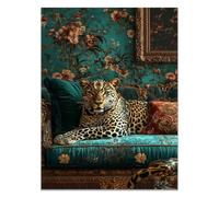 QUSAAOU Murale EsthéTique Léopard sur canapé velours émeraude fond fleuri Murales ColoréEs Sur ThèMe Des Animaux Pour Maison Bureau DéCoration Style Naturel Pour Salon(Vert)-30x45cm Sans cadre