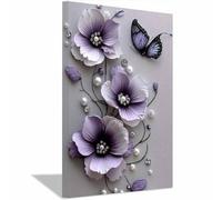 QUSAAOU Nature Paysage Impression Sur Fleurs violettes avec papillon et perle LdéAl Pour Le Salon, Le Couloir D'Un Studio, Une Exposition D'Art, Ou Cadeau (Violet pâle)-70x100cm1 Encadrée