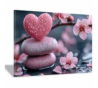 QUSAAOU Nature Paysage Impression Sur Pile de pierres en cœur romantique avec fleurs de cerisier LdéAl Pour Le Salon, Le Couloir D'Un Studio, Une Exposition D'Art, Ou Cadeau (Rose)-30x45cm1 Encadrée