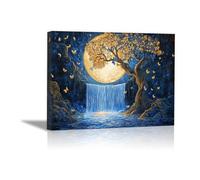QUSAAOU Nature Paysage Impression Sur Toile Arbre clair lune cascade papillons colorés LdéAl Pour Le Salon Couloir D'Un Studio Une Exposition D'Art Ou Cadeau D'Anniversaire(Bleu)-70x100cm1 Encadrée