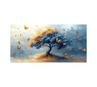 QUSAAOU Nature Paysage Impression Sur Toile Arbre de Vie bleu impression papillons volants reflet eau Pour DéCorer Chambres Cuisines Salles Bains EntréEs CaféS Et Appartements(Bleu)-50x100cmSans cadre