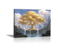 QUSAAOU Nature Paysage Impression Sur Toile Arbre doré féerique cascade relief montagneux LdéAl Pour Le Salon Couloir D'Un Studio Une Exposition D'Art Ou Cadeau D'Anniversaire(Or)-70x100cm1 Encadrée