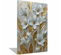 QUSAAOU Nature Paysage Impression Sur Toile Fleurs blanches texturées avec feuilles dorées Pour DéCorer Chambres Cuisines Salles De Bains EntréEs CaféS Et Appartements(Or)-70x100cm1 Encadrée