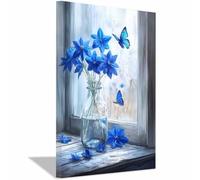 QUSAAOU Nature Paysage Impression Sur Toile Fleurs étoile bleues papillons ailés assortis Bleu LdéAl Pour Le Salon Couloir D'Un Studio Une Exposition D'Art Ou Cadeau D'Anniversaire-70x100cm Encadrée