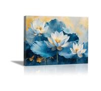 QUSAAOU Nature Paysage Impression Sur Toile Lotus blanc feuille bleue texture étalée feuille Pour DéCorer Chambres Cuisines Salles De Bains EntréEs CaféS Et Appartements(bleu pâle)-30x45cm Encadrée