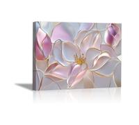 QUSAAOU Nature Paysage Impression Sur Toile Magnolia rose blanc gaufrée lignes dorées fines Pour DéCorer Chambres Cuisines Salles De Bains EntréEs CaféS Et Appartements(rose pâle)-70x100cm Encadrée