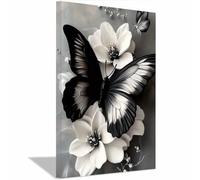 QUSAAOU Nature Paysage Impression Sur Toile Papillons et fleurs monochromes Pour DéCorer Chambres Cuisines Salles De Bains EntréEs CaféS Et Appartements(Noir et blanc)-20x30cm1 Encadrée