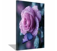 QUSAAOU Nature Paysage Impression Sur Toile Rose violette rosée avec papillon bleu floral Pour DéCorer Chambres Cuisines Salles De Bains EntréEs CaféS Et Appartements(Lilas)-20x30cm1 Encadrée