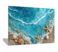 QUSAAOU Nature Paysage Impression Sur Toile Vague océanique impasto avec coquillages plage Pour DéCorer Chambres Cuisines Salles De Bains EntréEs CaféS Et Appartements(Bleu canard)-20x30cm1 Encadrée