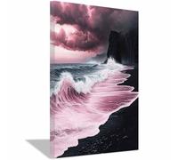 QUSAAOU Nature Paysage Impression Sur Vague rose dramatique sur plage noire paysage côtier LdéAl Pour Le Salon, Le Couloir D'Un Studio, Une Exposition D'Art, Ou Cadeau (Rose)-30x45cm1 Encadrée
