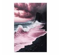 QUSAAOU Nature Paysage Impression Sur Vague rose dramatique sur plage noire paysage côtier LdéAl Pour Le Salon, Le Couloir D'Un Studio, Une Exposition D'Art, Ou Cadeau (Rose)-40x60cm1 Sans cadre
