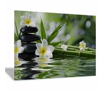 QUSAAOU Painting Tableau Sur Paysage Pierres de spa relaxantes avec frangipanier et bambou Tableau Decoration Murale Pour Chambre Salle De Bains Salon Cadeau D’Anniversaire(Vert)-60x90cm1 Encadrée
