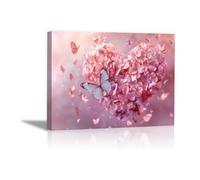 QUSAAOU Paysage Tableau Mural Hortensia rose formé papillon flottant Tableau DéCoratif Salon Nature- Art Mural Coloré - DéCoration Ale Moderne Abstraite(rose pâle)-50x70cm Encadrée