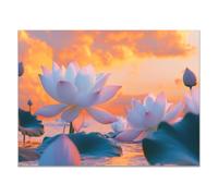 QUSAAOU Paysage Tableau Mural Lotus blanc blanc étang nuages coucher orange Tableau DéCoratif Salon Nature- Art Mural Coloré - DéCoration Ale Moderne Abstraite(pêche)-40x60cm Sans cadre