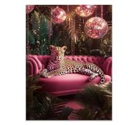 QUSAAOU Tableaux Et DéCoration Murale Léopard sur siège capitonné rose rétro et plantes DéCorations Murales Sur ThèMe Des Animaux Style Renaissance Peintures CréAtives Haute Qualité-30x45cmSans cadre
