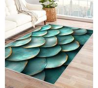 QUSAAOU Tapis Abstrait Moderne Lavable en Machine, Écailles turquoises avec Or Moderne Tapis avec Un Dos AntidéRapant, Lavage en Machine, Convient pour La Chambre à Coucher-210x270cm