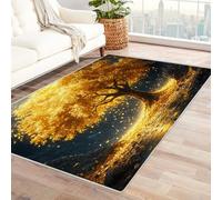 QUSAAOU Tapis Arbre de Vie Lavable pour Chambre à Coucher - Motif Arbre de Pluie doré - pour Salon - Tapis d'intérieur avec Envers antidérapant (doré 28) - 240 x 300 cm
