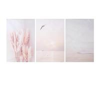 Qusedwey 3 PièCes Beige Herbe Coucher de Soleil Plage Palmier Toile Peinture Nordique Affiches et Photos Murales pour Salon DéCor