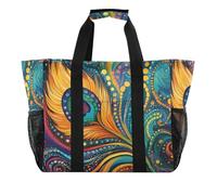 Quteprint Grand sac fourre-tout de voyage imperméable pour homme et femme, motif cachemire ethnique, plumes de paon, sac de plage en toile avec doublure et poches - Sac d'épicerie/buanderie/cuisine