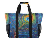 Quteprint Grand sac fourre-tout de voyage imperméable pour homme et femme, motif cachemire, plumes de paon, sac de plage ethnique en toile avec doublure et poches - Sac fourre-tout réutilisable pour