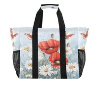 Quteprint Grand sac fourre-tout de voyage imperméable pour homme et femme, motif coquelicot, marguerite, papillon, fleurs, sac de plage en toile avec doublure et poches - Sac d'épicerie/buanderie