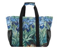 Quteprint Grand sac fourre-tout de voyage imperméable pour homme et femme, motif fleurs d'iris Van Gogh, sac de plage en toile avec doublure et poches - Sac fourre-tout réutilisable pour épicerie