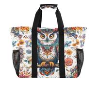 Quteprint Grand sac fourre-tout de voyage imperméable pour homme et femme, motif mandala ethnique, bohème, hibou, sac de plage en toile avec doublure et poches, sac d'épicerie/buanderie/cuisine